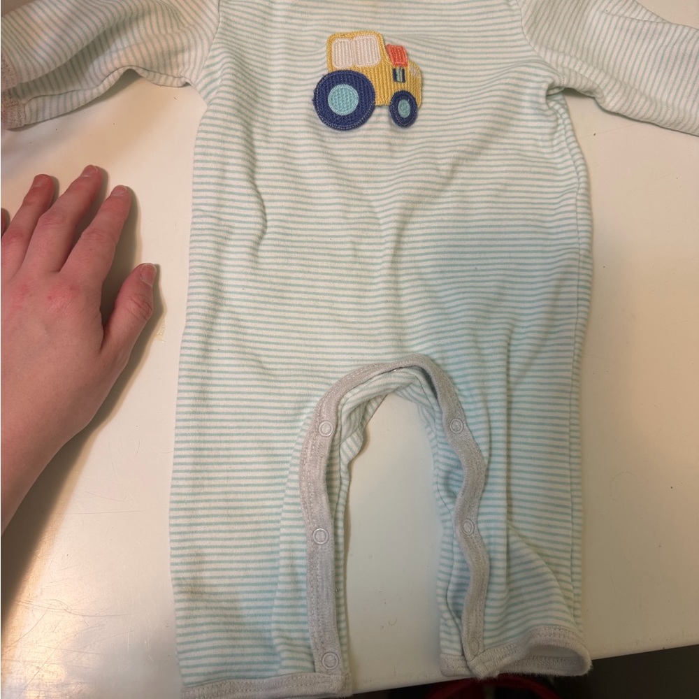 Striped Light Blue Baby One-Piece with Tractor Applique